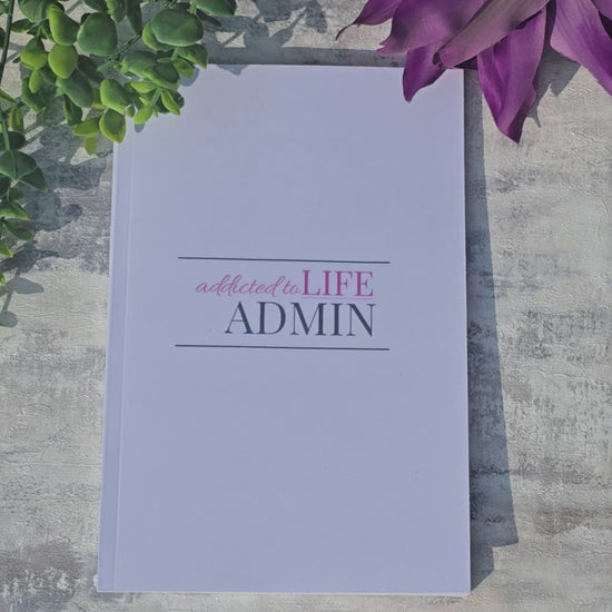 Addicted to Life Admin white A5 notebook with glossy cover and lined pages, practical stationery for planning and organisation